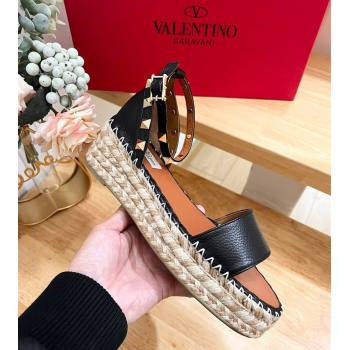 Valentino Rockstud Espadrille Platform Sandals in Grained Calfskin Black 2024 0612 (MD-240612085)