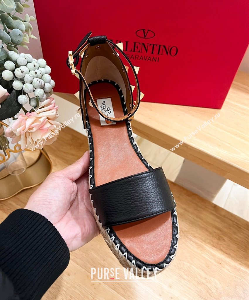 Valentino Rockstud Espadrille Platform Sandals in Grained Calfskin Black 2024 0612 (MD-240612085)