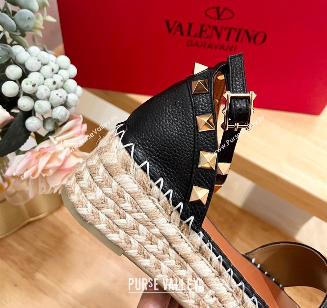 Valentino Rockstud Espadrille Platform Sandals in Grained Calfskin Black 2024 0612 (MD-240612085)