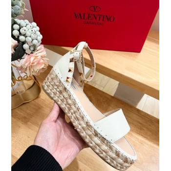 Valentino Rockstud Espadrille Platform Sandals in Grained Calfskin White 2024 0612 (MD-240612086)