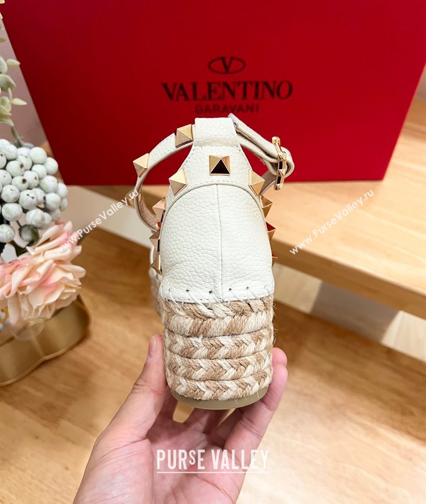 Valentino Rockstud Espadrille Platform Sandals in Grained Calfskin White 2024 0612 (MD-240612086)