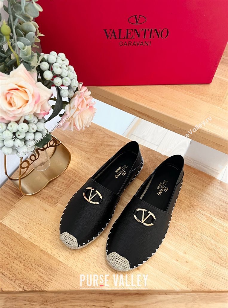 Valentino The Bold Edition VLogo Espadrilles Flats in Grained Calfskin Black 2024 0612 (MD-240612090)