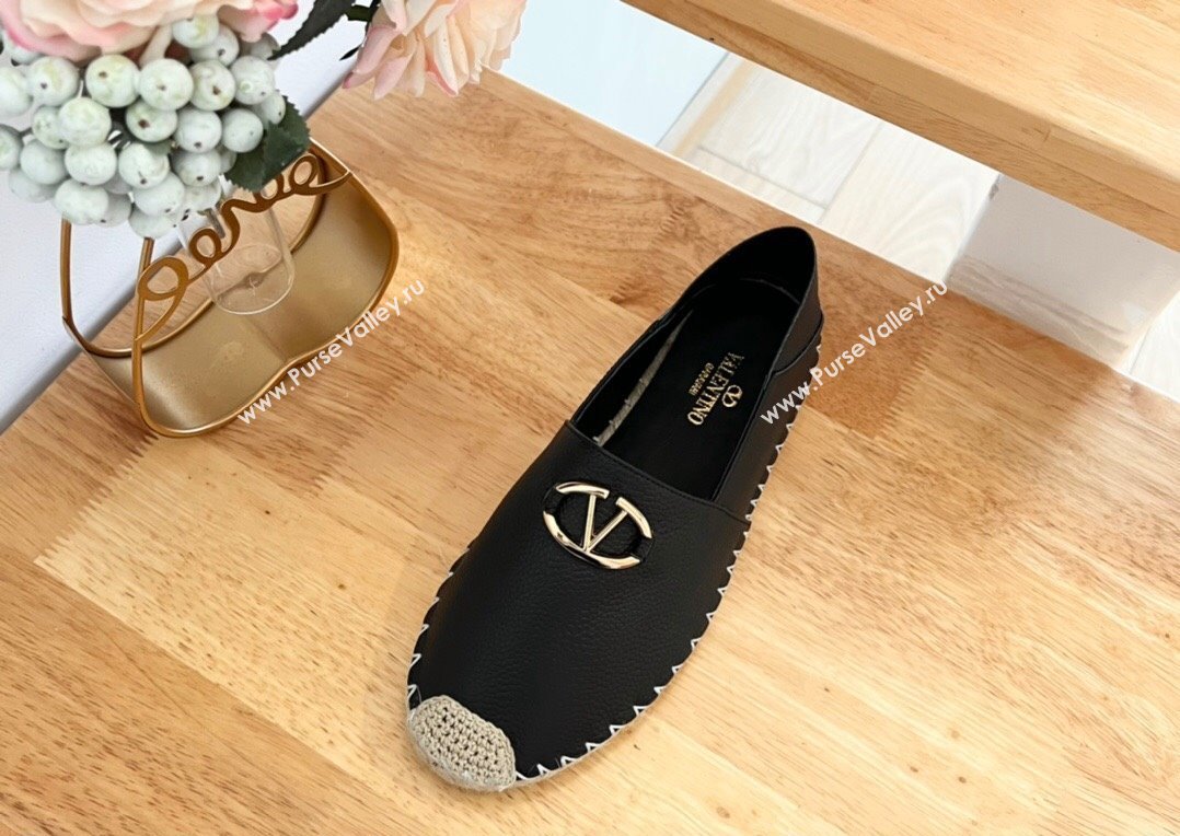 Valentino The Bold Edition VLogo Espadrilles Flats in Grained Calfskin Black 2024 0612 (MD-240612090)