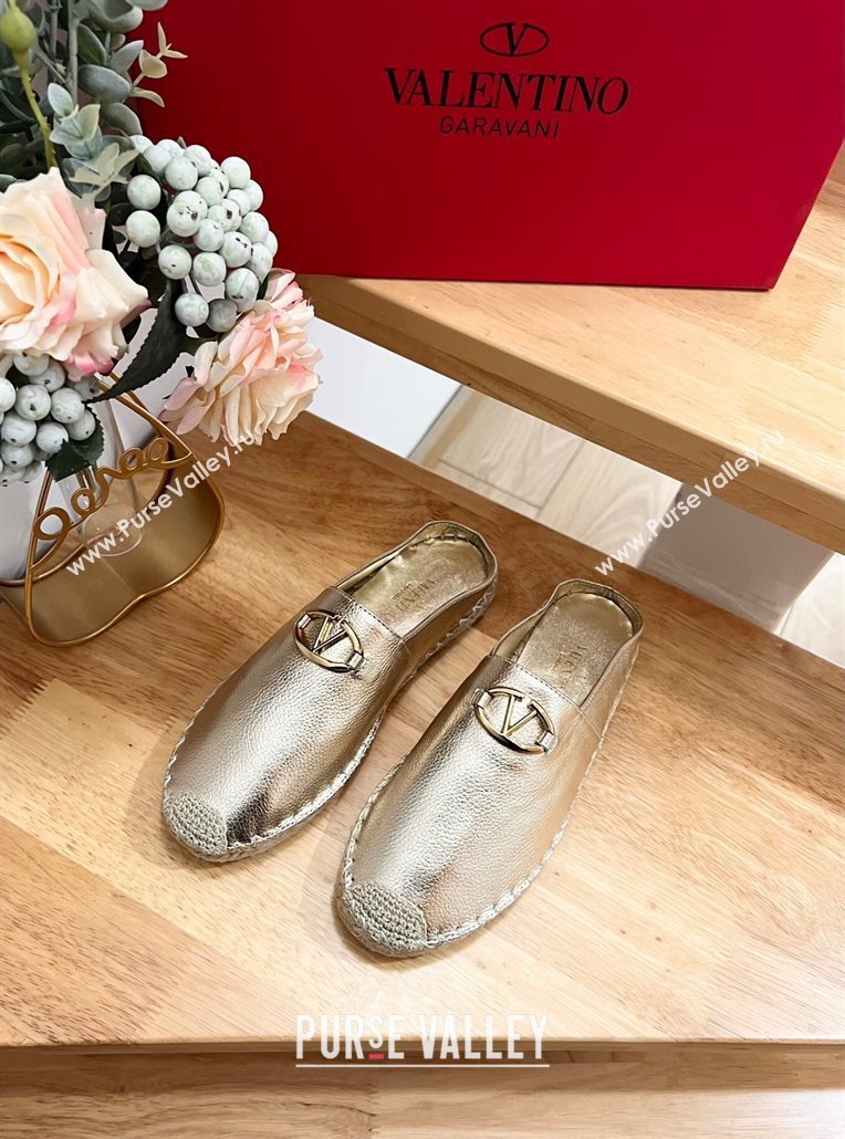 Valentino The Bold Edition VLogo Espadrille Flat Mules in Grained Calfskin Gold 2024 0612 (MD-240612091)