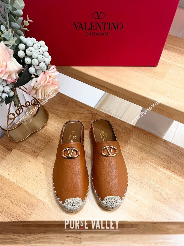 Valentino The Bold Edition VLogo Espadrille Flat Mules in Grained Calfskin Brown 2024 0612 (MD-240612092)