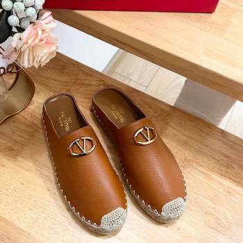 Valentino The Bold Edition VLogo Espadrille Flat Mules in Grained Calfskin Brown 2024 0612 (MD-240612092)