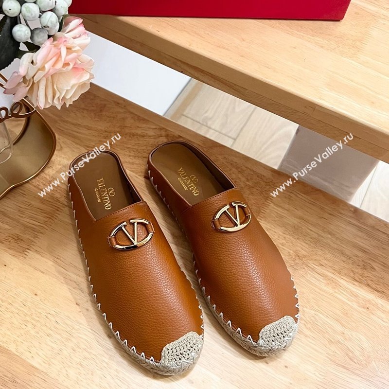 Valentino The Bold Edition VLogo Espadrille Flat Mules in Grained Calfskin Brown 2024 0612 (MD-240612092)