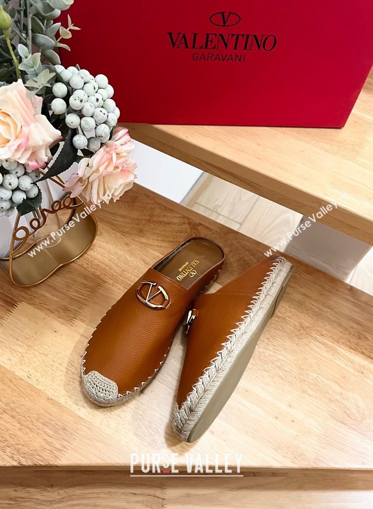 Valentino The Bold Edition VLogo Espadrille Flat Mules in Grained Calfskin Brown 2024 0612 (MD-240612092)