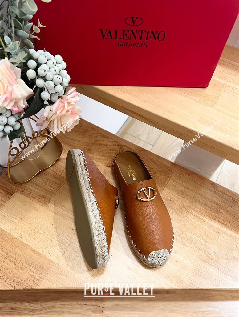 Valentino The Bold Edition VLogo Espadrille Flat Mules in Grained Calfskin Brown 2024 0612 (MD-240612092)