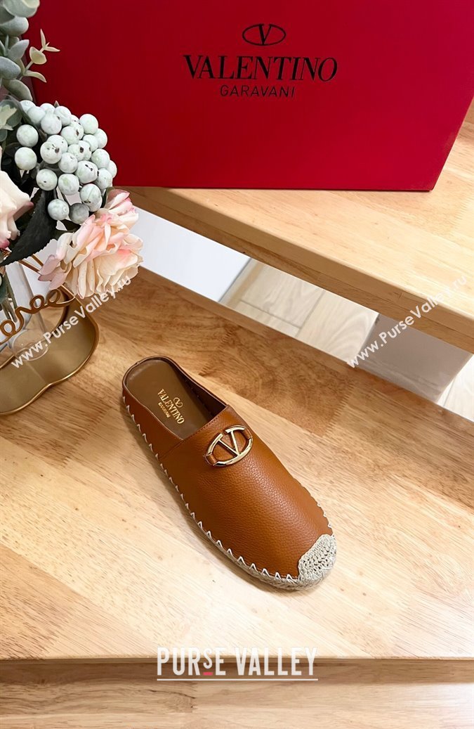 Valentino The Bold Edition VLogo Espadrille Flat Mules in Grained Calfskin Brown 2024 0612 (MD-240612092)