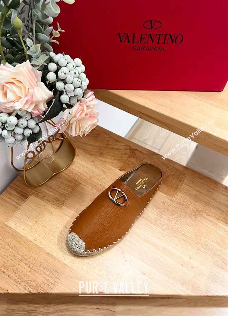 Valentino The Bold Edition VLogo Espadrille Flat Mules in Grained Calfskin Brown 2024 0612 (MD-240612092)