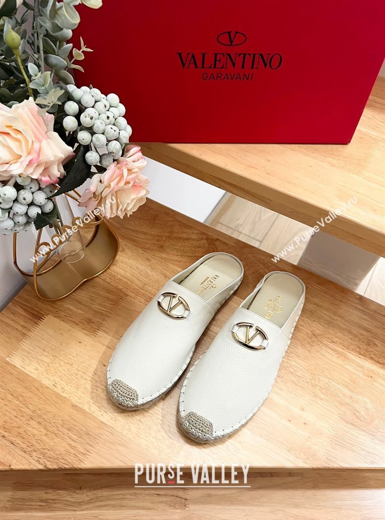 Valentino The Bold Edition VLogo Espadrille Flat Mules in Grained Calfskin White 2024 0612 (MD-240612093)