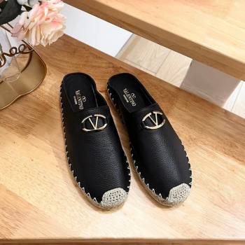 Valentino The Bold Edition VLogo Espadrille Flat Mules in Grained Calfskin Black 2024 0612 (MD-240612094)