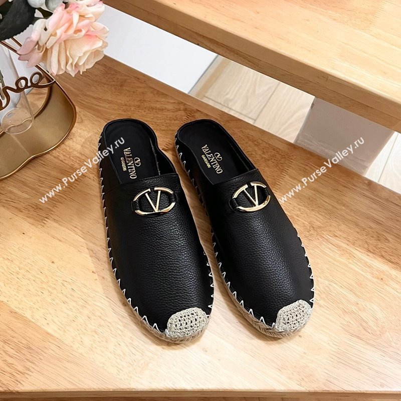 Valentino The Bold Edition VLogo Espadrille Flat Mules in Grained Calfskin Black 2024 0612 (MD-240612094)