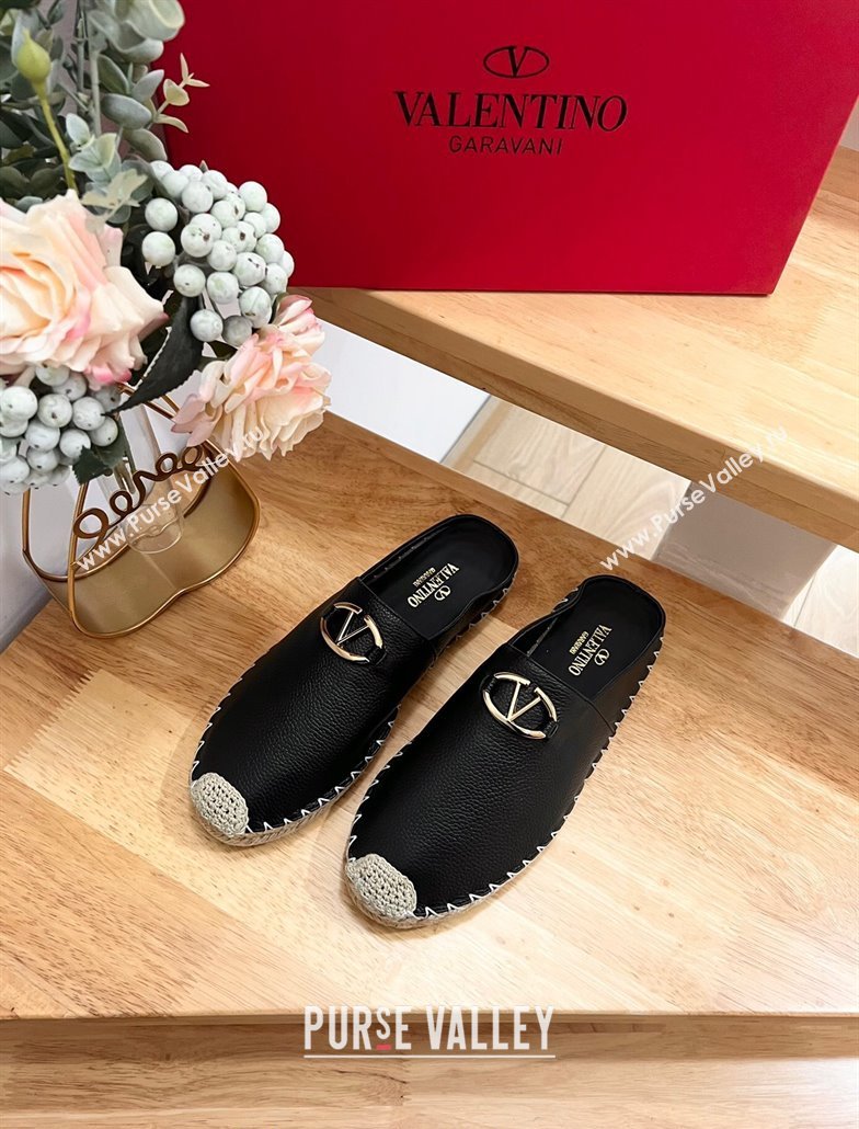 Valentino The Bold Edition VLogo Espadrille Flat Mules in Grained Calfskin Black 2024 0612 (MD-240612094)