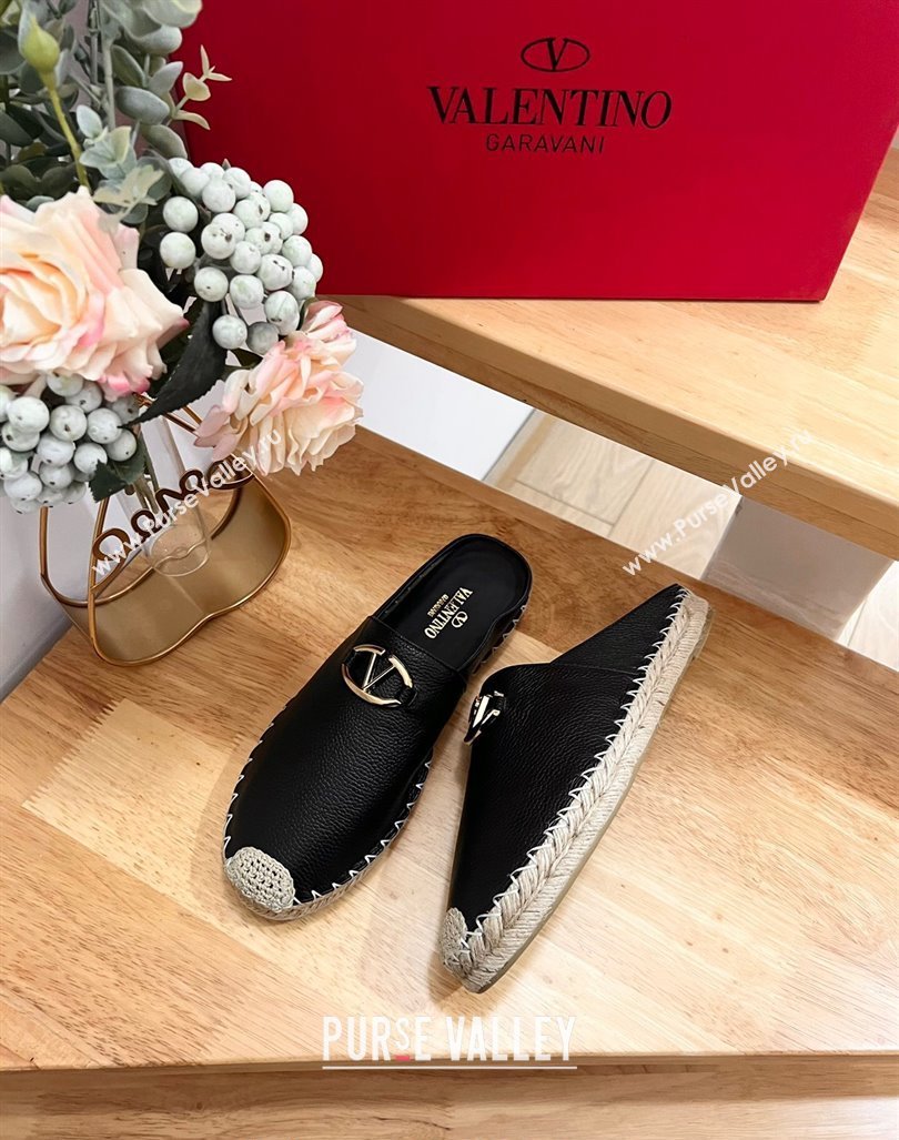 Valentino The Bold Edition VLogo Espadrille Flat Mules in Grained Calfskin Black 2024 0612 (MD-240612094)