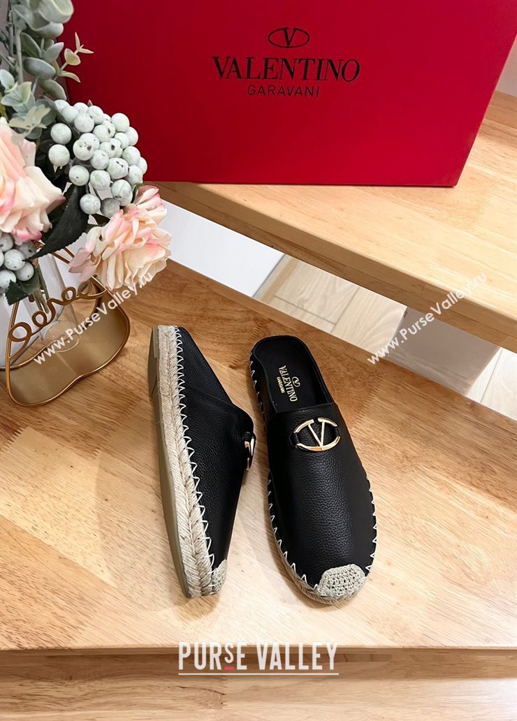 Valentino The Bold Edition VLogo Espadrille Flat Mules in Grained Calfskin Black 2024 0612 (MD-240612094)