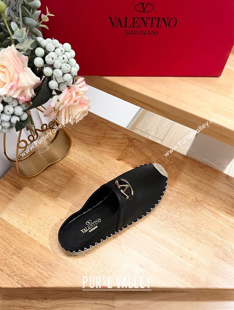 Valentino The Bold Edition VLogo Espadrille Flat Mules in Grained Calfskin Black 2024 0612 (MD-240612094)