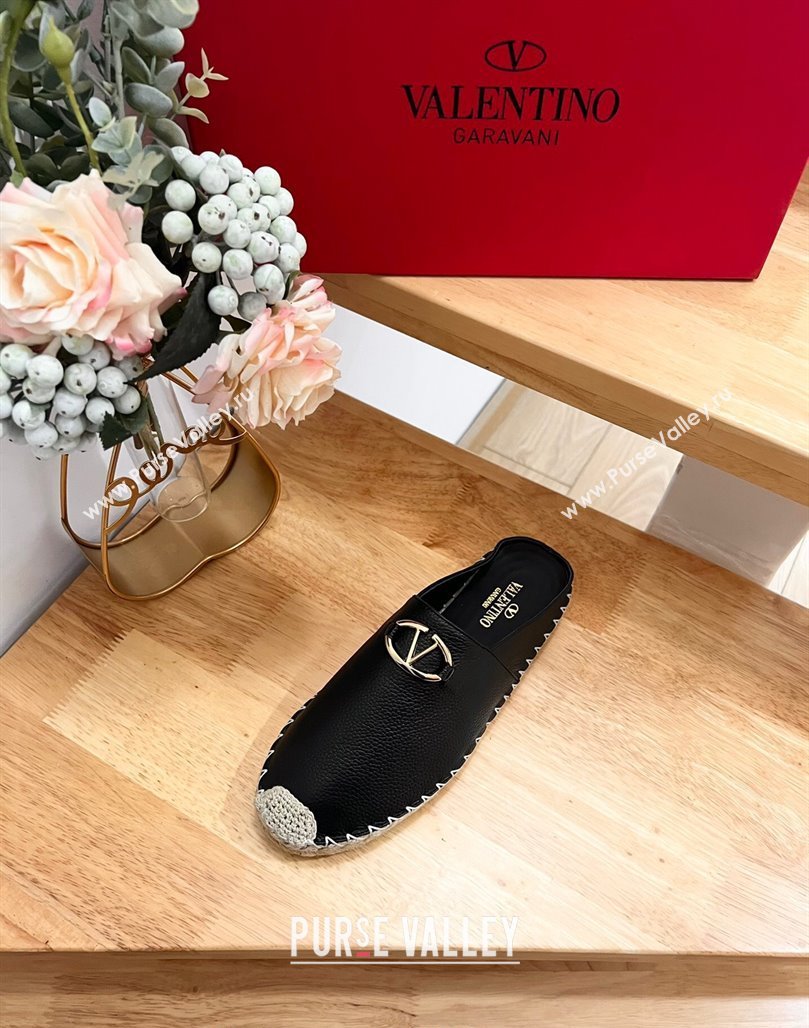 Valentino The Bold Edition VLogo Espadrille Flat Mules in Grained Calfskin Black 2024 0612 (MD-240612094)