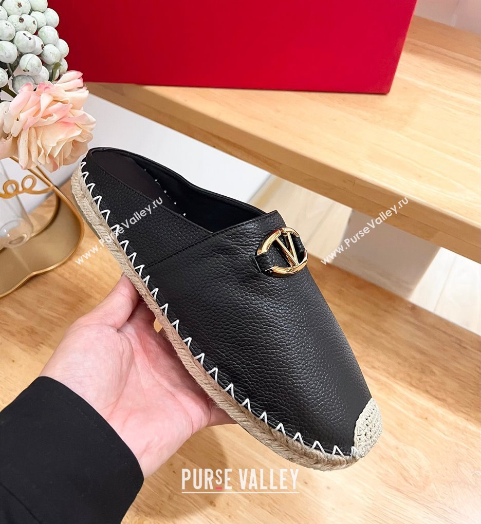 Valentino The Bold Edition VLogo Espadrille Flat Mules in Grained Calfskin Black 2024 0612 (MD-240612094)