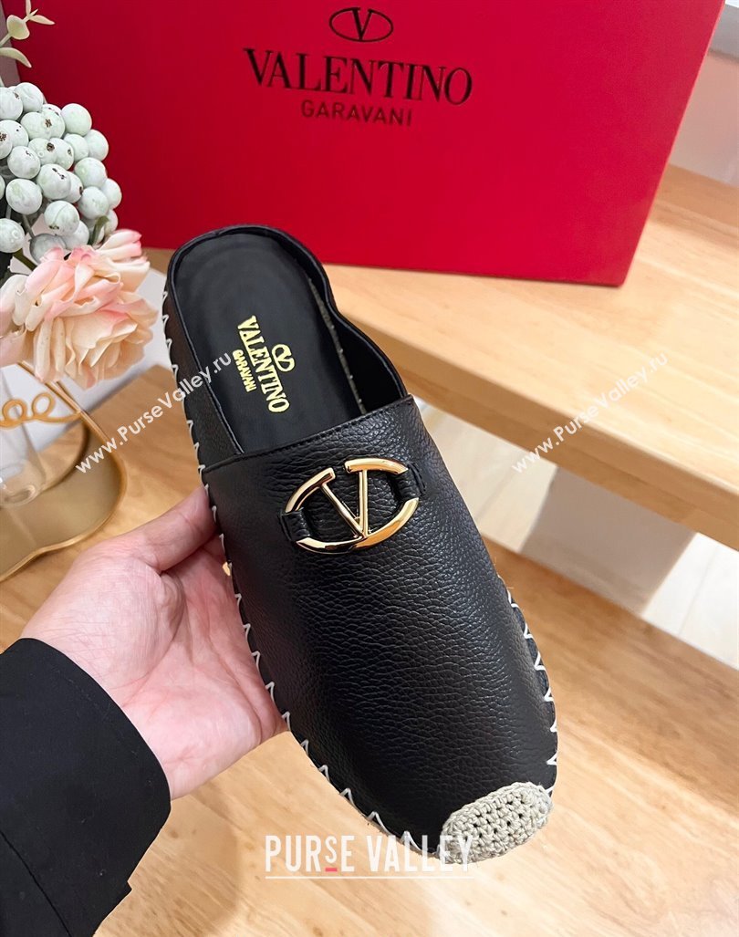 Valentino The Bold Edition VLogo Espadrille Flat Mules in Grained Calfskin Black 2024 0612 (MD-240612094)