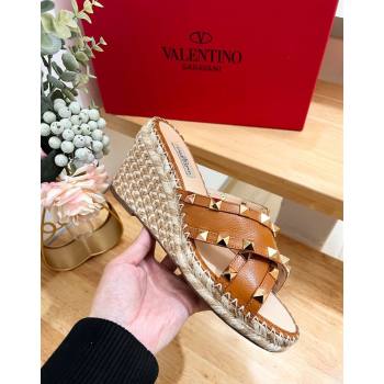 Valentino Rockstud Espadrille Wedge Slides Sandal in Grained Calfskin Brown 2024 0612 (MD-240612097)