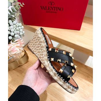 Valentino Rockstud Espadrille Wedge Slides Sandal in Grained Calfskin Black 2024 0612 (MD-240612098)