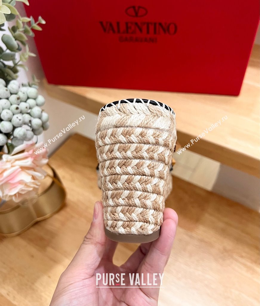 Valentino Rockstud Espadrille Wedge Slides Sandal in Grained Calfskin Black 2024 0612 (MD-240612098)