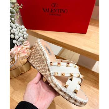 Valentino Rockstud Espadrille Wedge Slides Sandal in Grained Calfskin White 2024 0612 (MD-240612099)