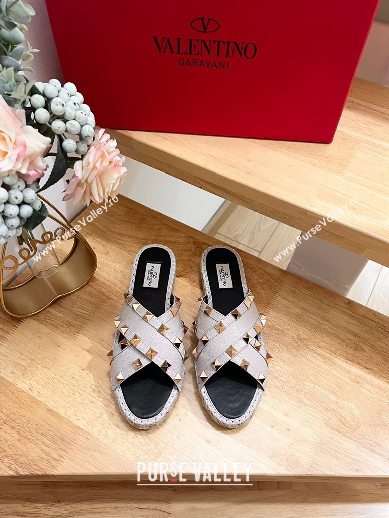 Valentino Rockstud Espadrille Flat Slides Sandal in Grained Calfskin Grey 2024 0612 (MD-240612101)