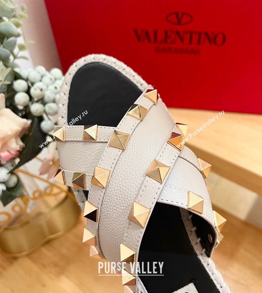 Valentino Rockstud Espadrille Flat Slides Sandal in Grained Calfskin Grey 2024 0612 (MD-240612101)