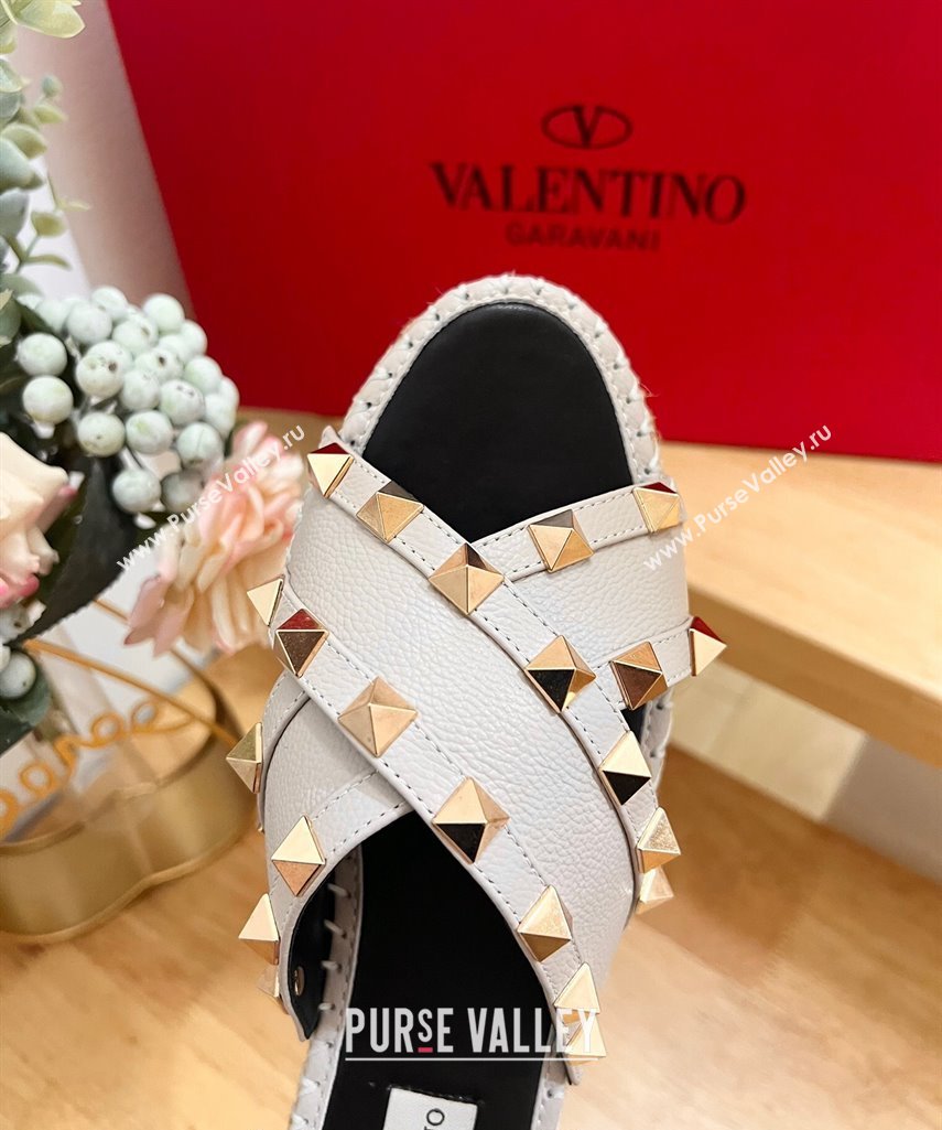 Valentino Rockstud Espadrille Flat Slides Sandal in Grained Calfskin Grey 2024 0612 (MD-240612101)