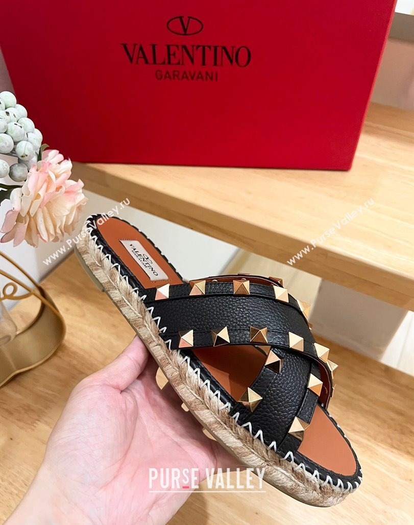 Valentino Rockstud Espadrille Flat Slides Sandal in Grained Calfskin Black 2024 0612 (MD-240612103)