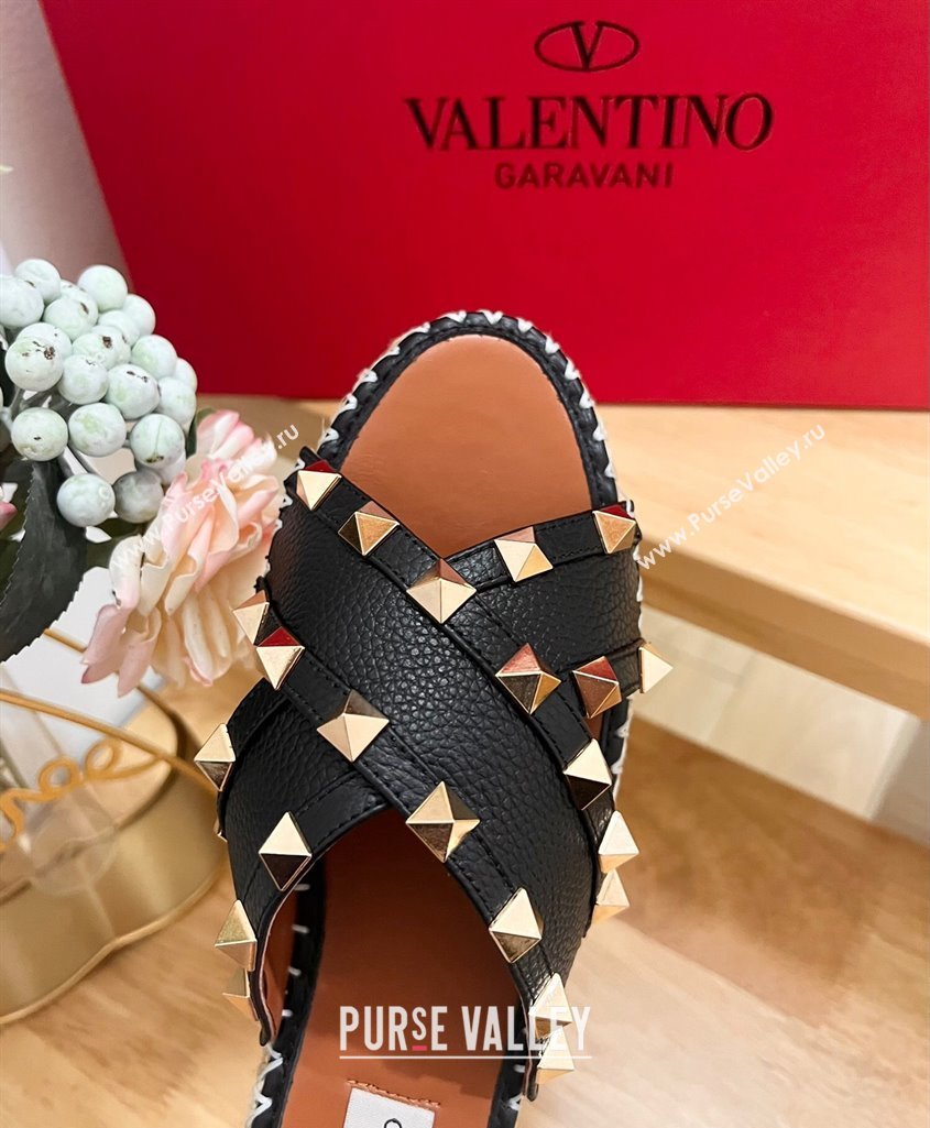 Valentino Rockstud Espadrille Flat Slides Sandal in Grained Calfskin Black 2024 0612 (MD-240612103)