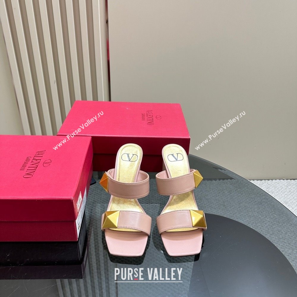 Valentino Roman Stud Heel Slide Sandals in Calfskin Light Pink 2024 0612 (KL-240612002)