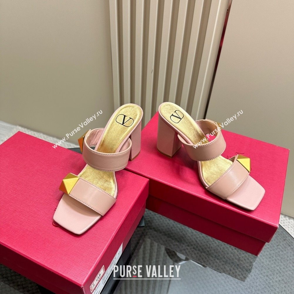 Valentino Roman Stud Heel Slide Sandals in Calfskin Light Pink 2024 0612 (KL-240612002)