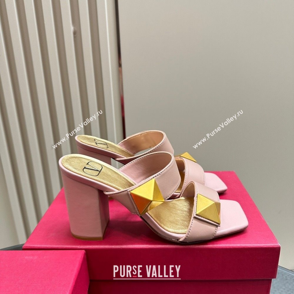 Valentino Roman Stud Heel Slide Sandals in Calfskin Light Pink 2024 0612 (KL-240612002)