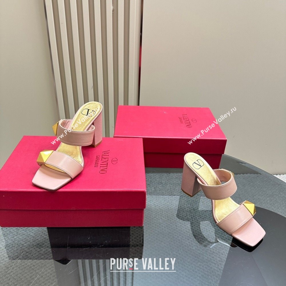 Valentino Roman Stud Heel Slide Sandals in Calfskin Light Pink 2024 0612 (KL-240612002)