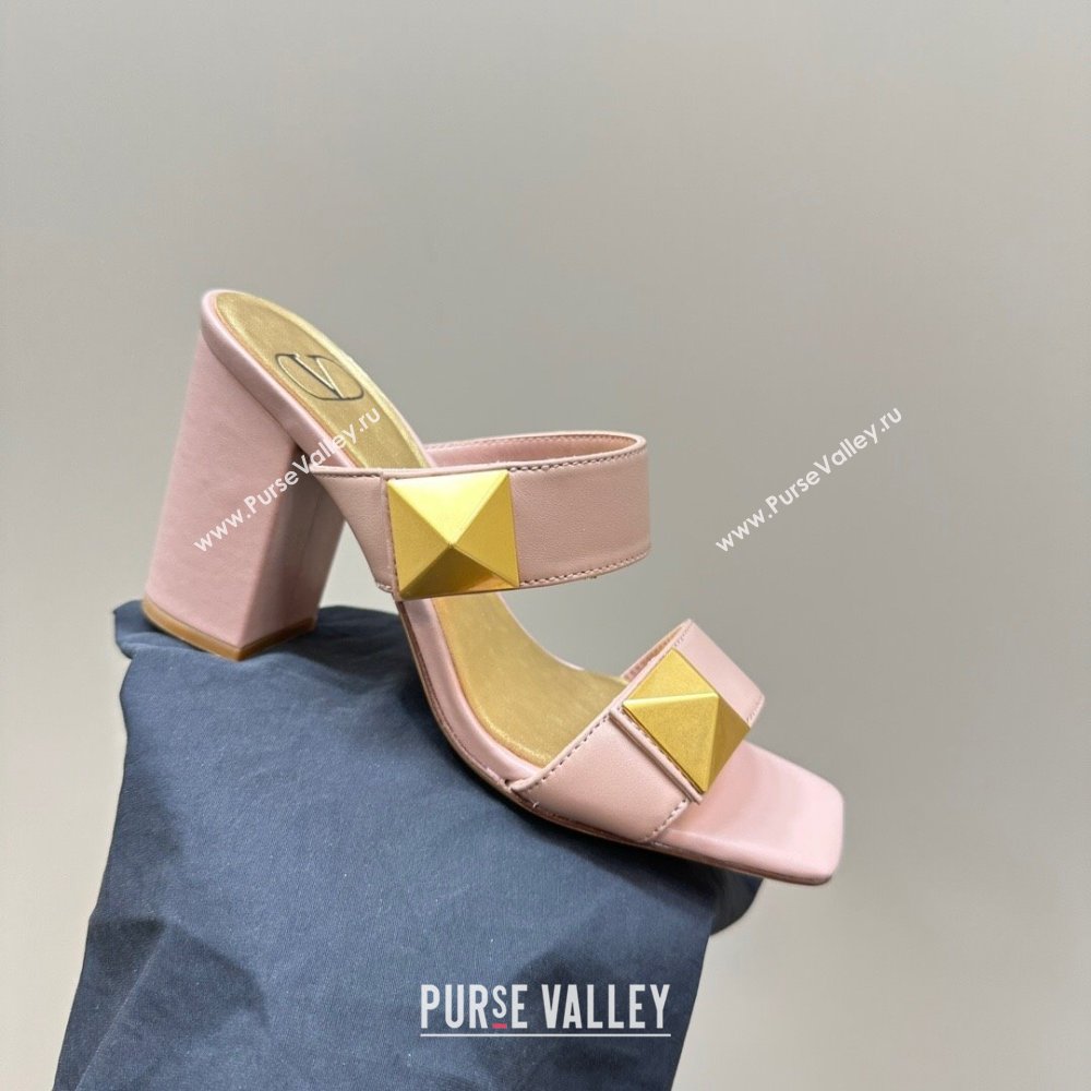 Valentino Roman Stud Heel Slide Sandals in Calfskin Light Pink 2024 0612 (KL-240612002)