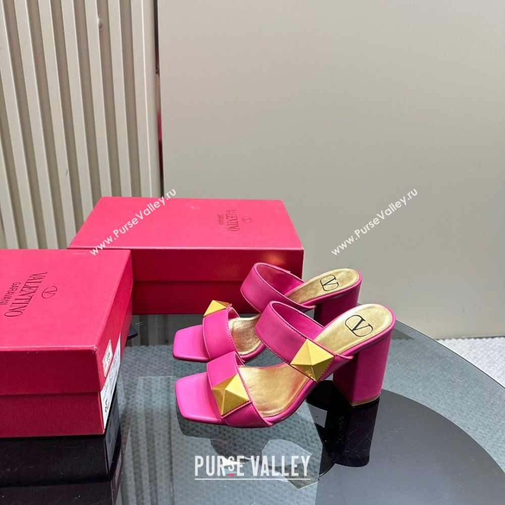 Valentino Roman Stud Heel Slide Sandals in Calfskin Dark Pink 2024 0612 (KL-240612003)