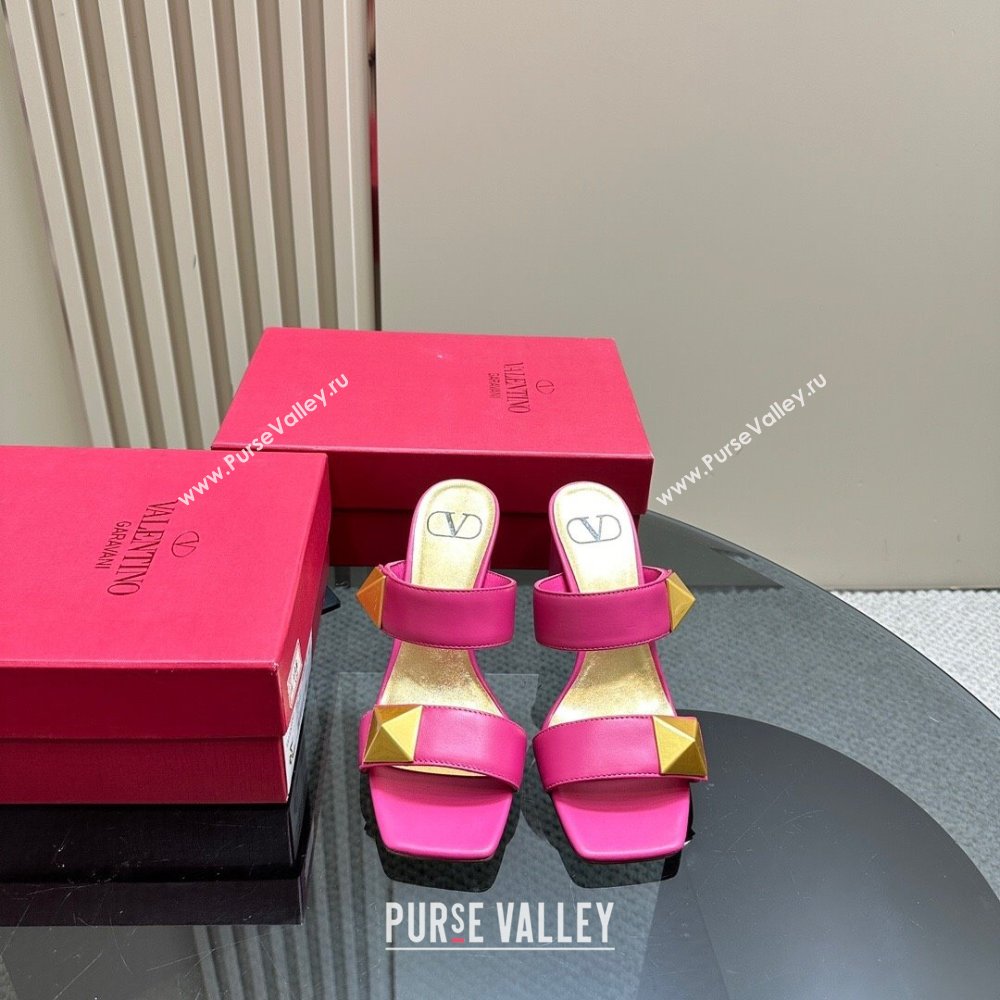 Valentino Roman Stud Heel Slide Sandals in Calfskin Dark Pink 2024 0612 (KL-240612003)
