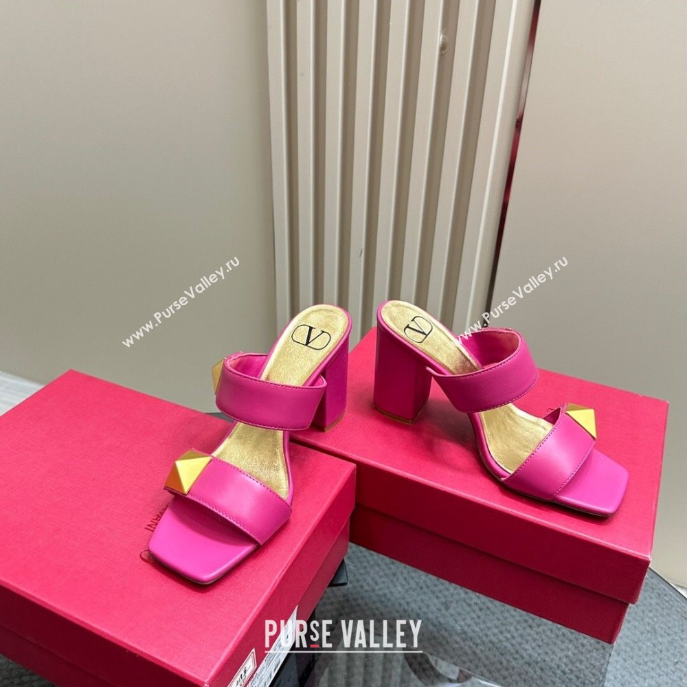 Valentino Roman Stud Heel Slide Sandals in Calfskin Dark Pink 2024 0612 (KL-240612003)