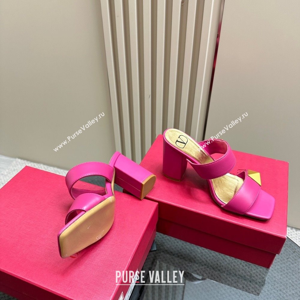 Valentino Roman Stud Heel Slide Sandals in Calfskin Dark Pink 2024 0612 (KL-240612003)