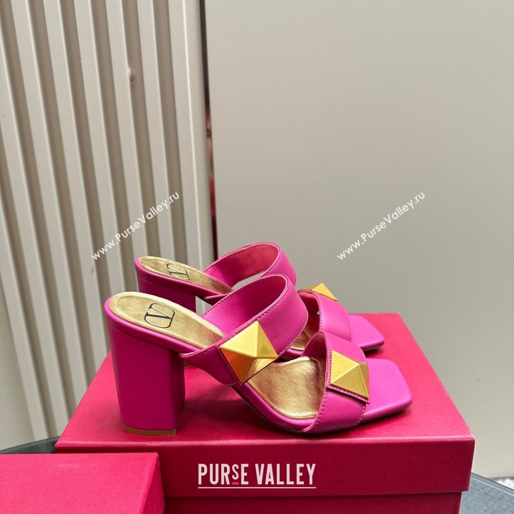 Valentino Roman Stud Heel Slide Sandals in Calfskin Dark Pink 2024 0612 (KL-240612003)