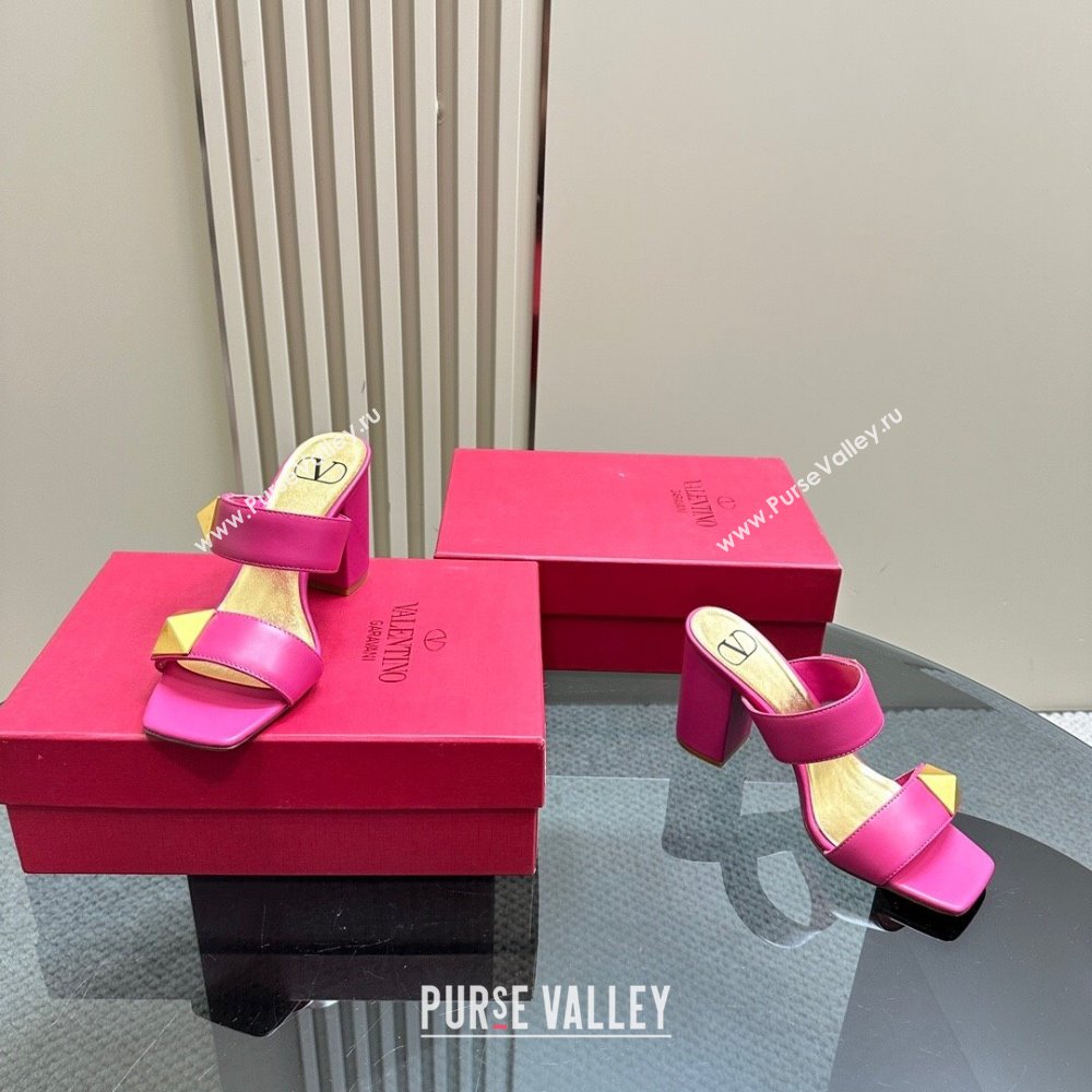 Valentino Roman Stud Heel Slide Sandals in Calfskin Dark Pink 2024 0612 (KL-240612003)