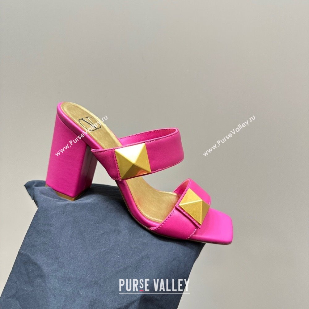 Valentino Roman Stud Heel Slide Sandals in Calfskin Dark Pink 2024 0612 (KL-240612003)