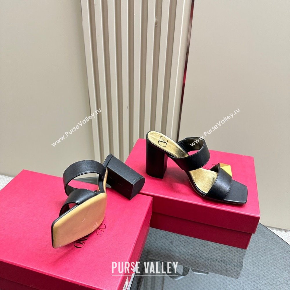 Valentino Roman Stud Heel Slide Sandals in Calfskin Black 2024 0612 (KL-240612007)