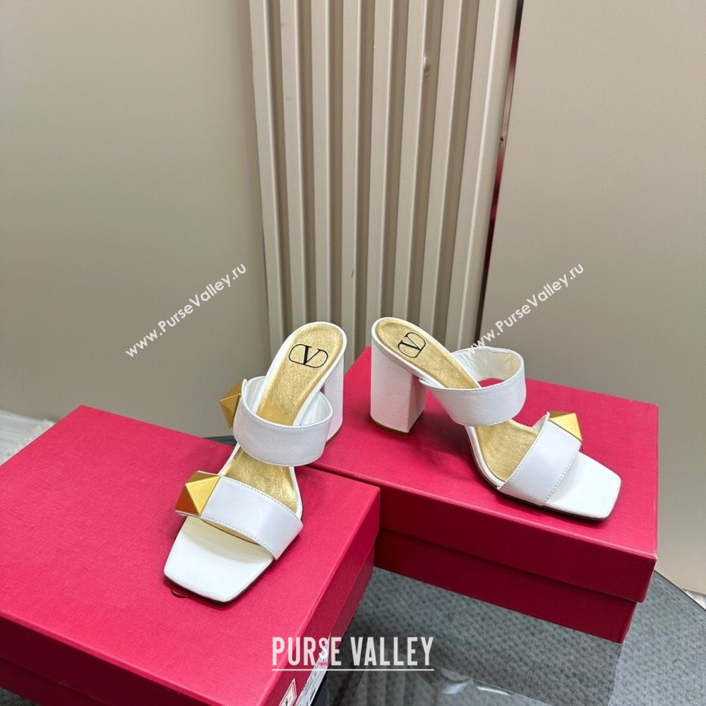 Valentino Roman Stud Heel Slide Sandals in Calfskin White 2024 0612 (KL-240612008)