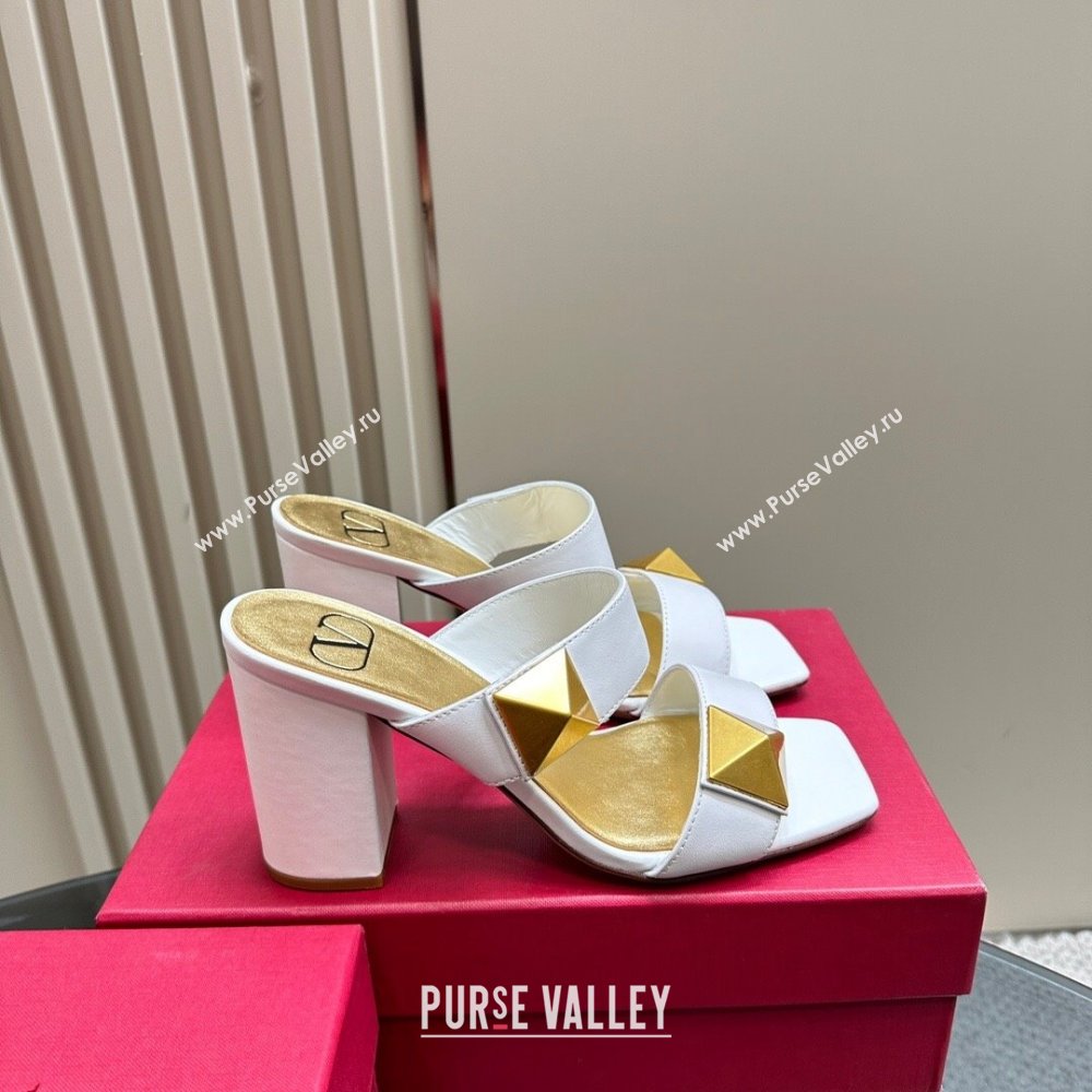 Valentino Roman Stud Heel Slide Sandals in Calfskin White 2024 0612 (KL-240612008)