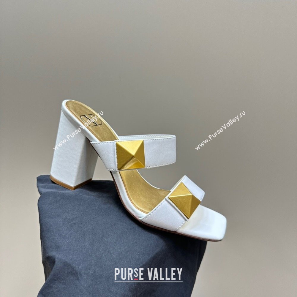 Valentino Roman Stud Heel Slide Sandals in Calfskin White 2024 0612 (KL-240612008)